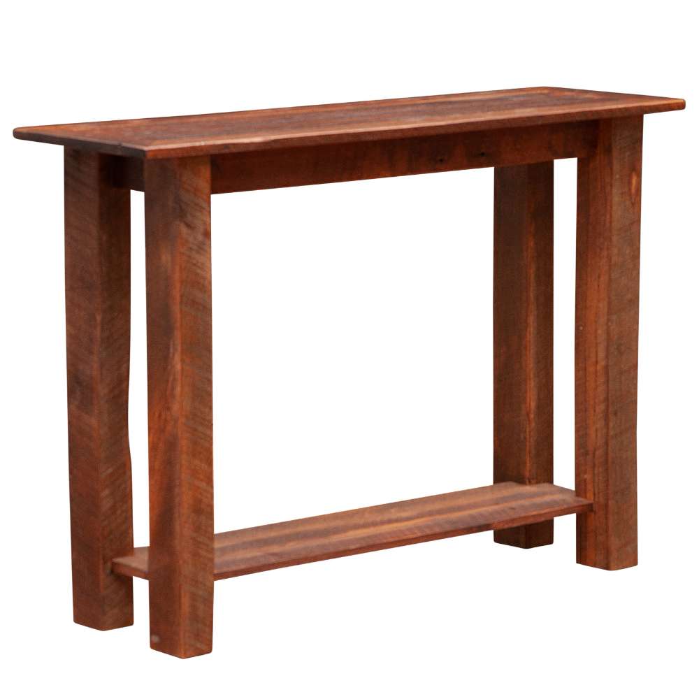 Angled view of the Fireside Lodge Barnwood Open Sofa Table showcasing its rustic barnwood construction and open design with a shelf between the legs