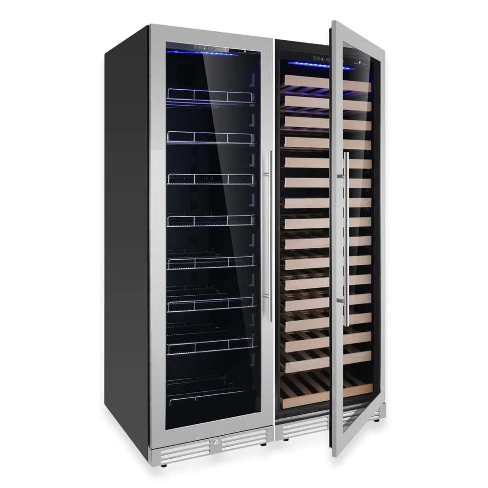Angled view with one door open, revealing wooden wine shelves and beverage racks in KingsBottle Ultimate Wine & Beverage Upright Refrigerator Combo with Low-E Glass Door