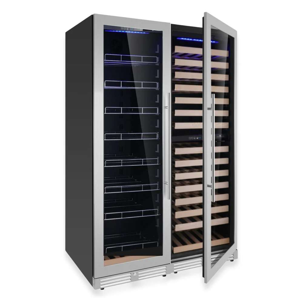 Angled view with one door open reveals wooden wine shelves and storage space in KingsBottle Upright Wine & Beverage cooler Combo With Triple Temp Zones