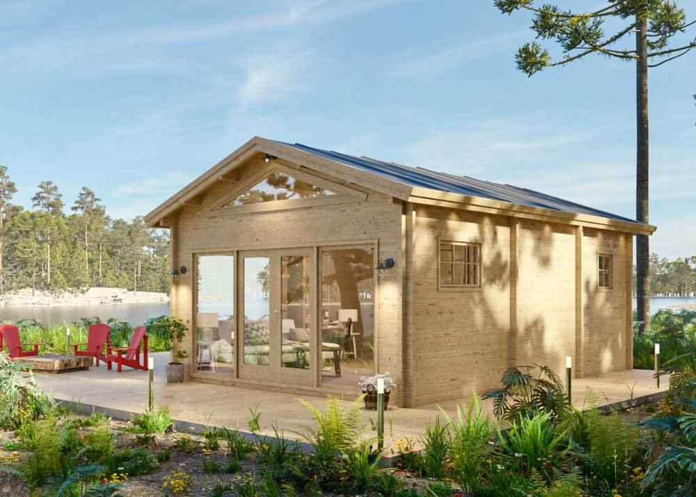 Angled back view of the Sawmill Structures Edwin Lake House PLUS 70MM Garden Room highlights its glass double doors, side windows, and a sunny natural setting by a lake