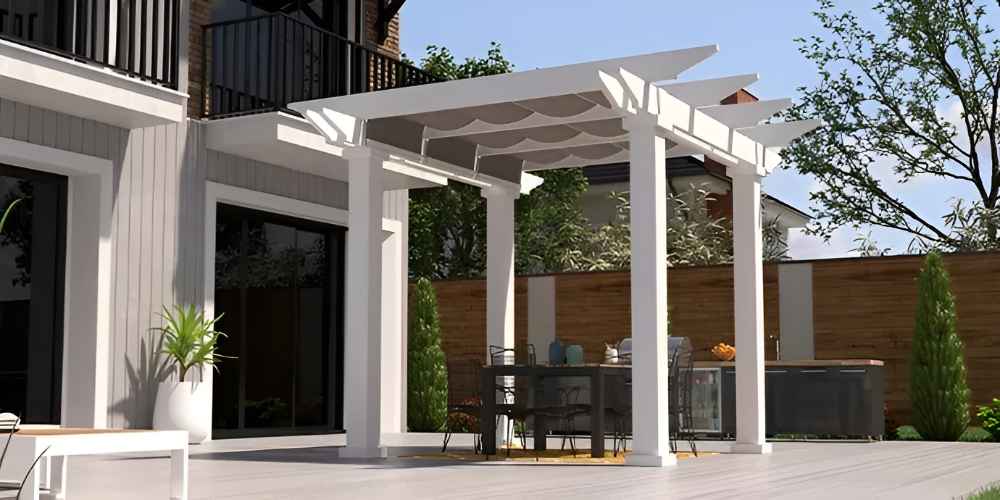 Angled from the side, the Structureworks Marquis Fiberglass Pergola appears as a refined outdoor structure enhancing a modern home's backyard setup