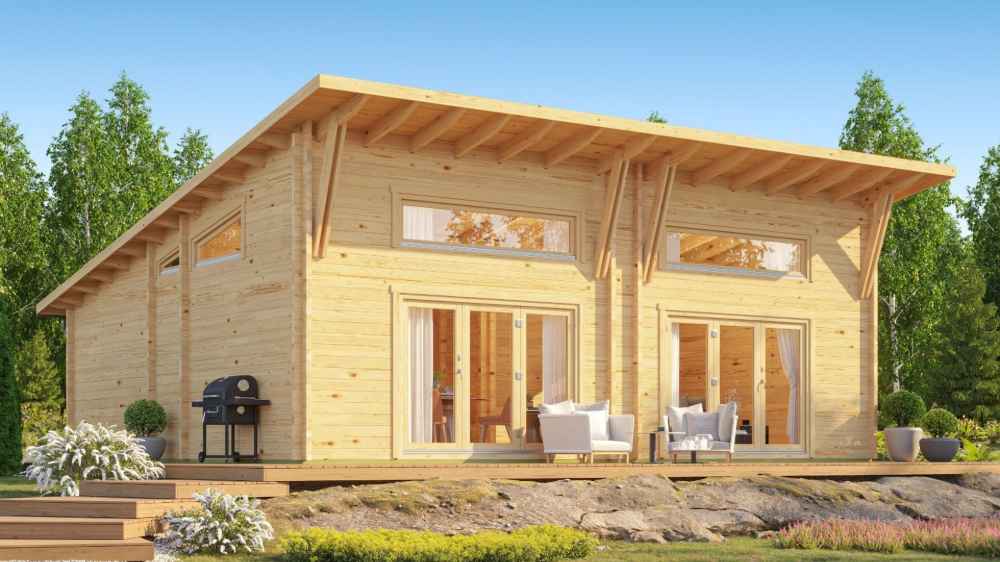 Angled front view displays the GardenHouse24 USA Darcy 70 Garden Room's wide roof overhang, natural wood exterior, and full-height windows