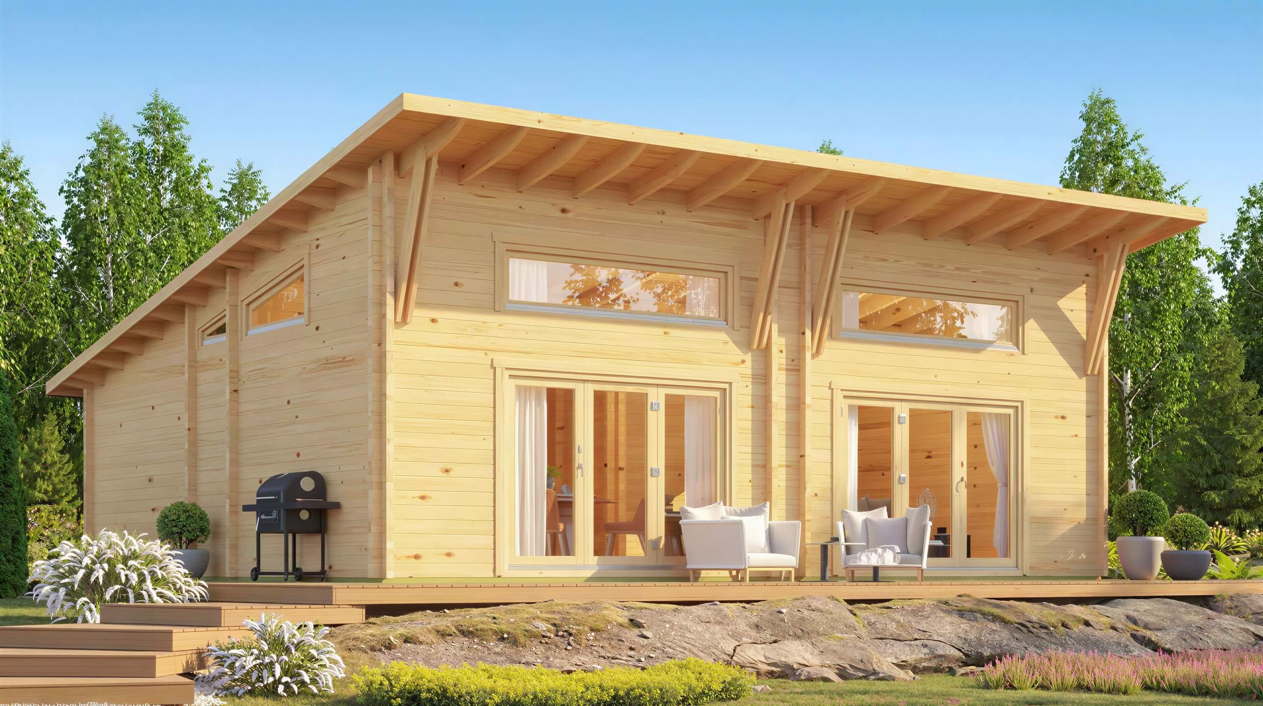 Angled front view displays the GardenHouse24 USA Darcy 70 Garden Room's wide roof overhang, natural wood exterior, and full-height windows