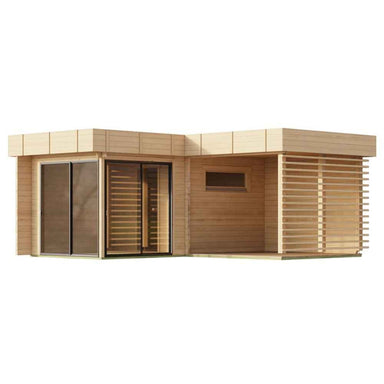 Angled front view of the GardenHouse24 USA Sauna Forte 70 Garden Room highlighting its dual-tone glass doors and wooden privacy slats