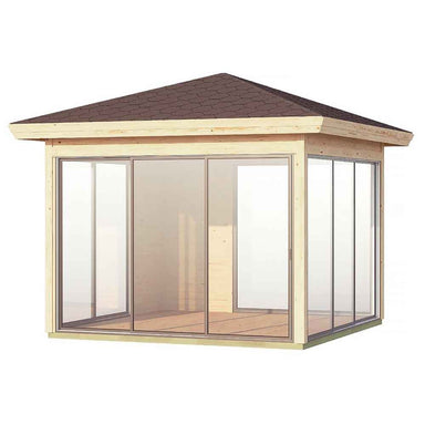 Angled perspective of the GardenHouse24 USA Glaspavillon ALU 44E ISO Garden Room shows floor-to-ceiling windows on two sides under a dark shingle roof