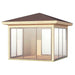 Angled perspective of the GardenHouse24 USA Glaspavillon ALU 44E ISO Garden Room shows floor-to-ceiling windows on two sides under a dark shingle roof