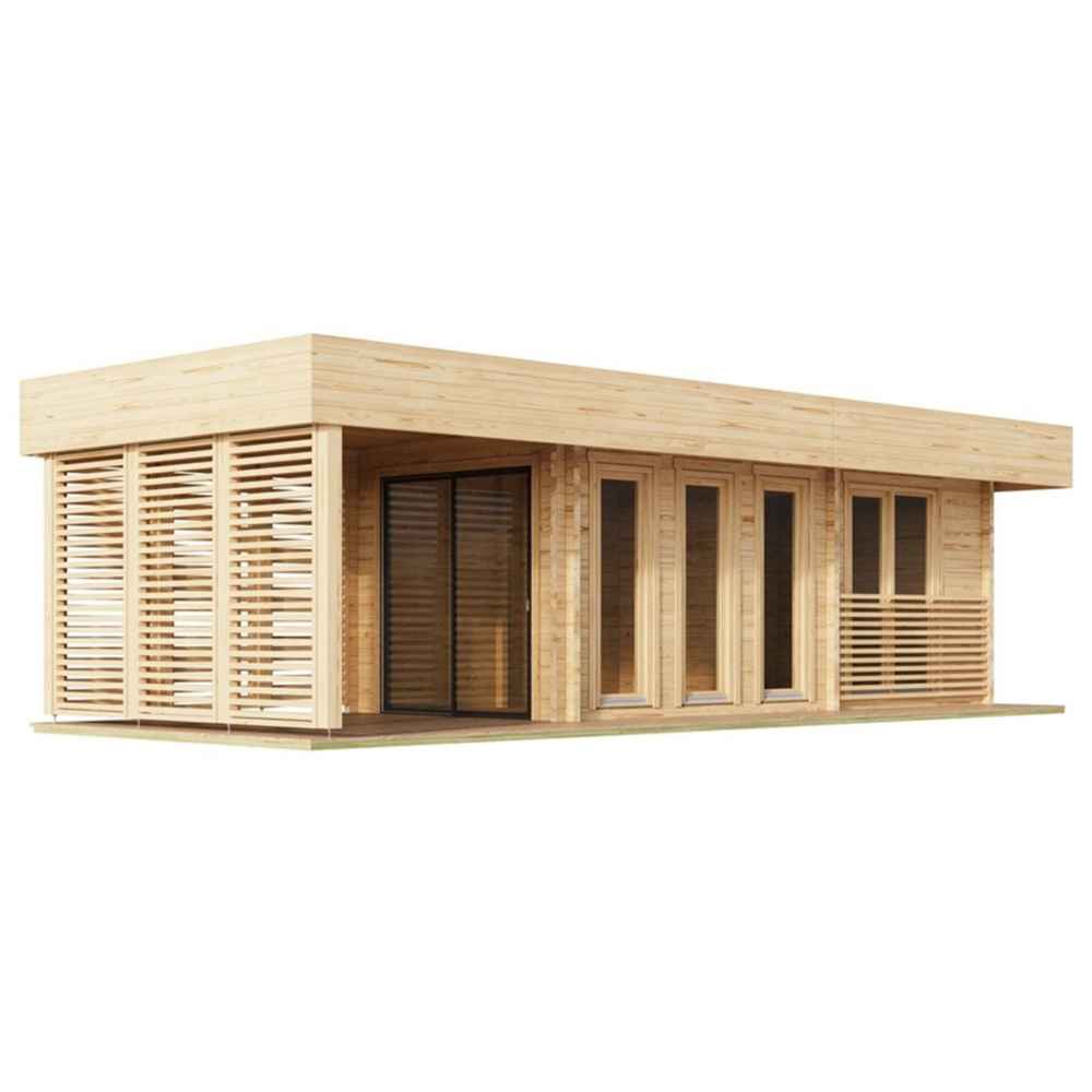 Angled perspective of the GardenHouse24 USA Sauna Largo 90 Garden Room featuring slatted paneling and sliding glass doors on a light wooden frame