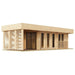 Angled perspective of the GardenHouse24 USA Sauna Largo 90 Garden Room featuring slatted paneling and sliding glass doors on a light wooden frame