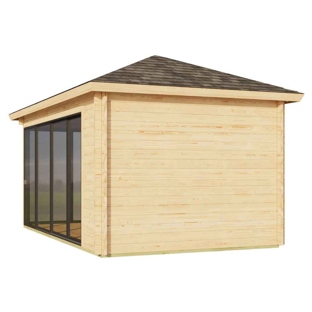 Angled rear view of the GardenHouse24 USA Pavilion ALU 44C Garden Room highlights the seamless blend of wood siding and wraparound glass doors