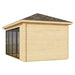 Angled rear view of the GardenHouse24 USA Pavilion ALU 44C Garden Room highlights the seamless blend of wood siding and wraparound glass doors