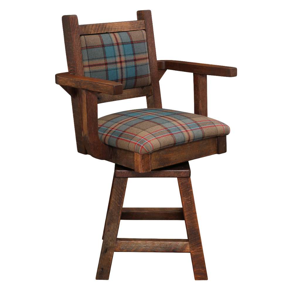 Angled view of Fireside Lodge Barnwood Colonial Swivel Barstool with Arms highlighting its swivel seat and rustic design