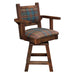 Angled view of Fireside Lodge Barnwood Colonial Swivel Barstool with Arms highlighting its swivel seat and rustic design