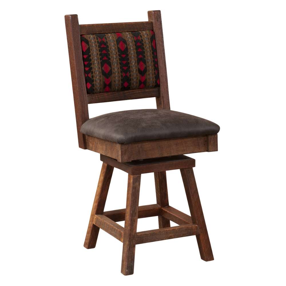 Angled view of Fireside Lodge Barnwood Colonial Swivel Counter Stool displays its sturdy craftsmanship, comfortable seat, and rustic Western-inspired charm