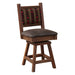 Angled view of Fireside Lodge Barnwood Colonial Swivel Counter Stool displays its sturdy craftsmanship, comfortable seat, and rustic Western-inspired charm