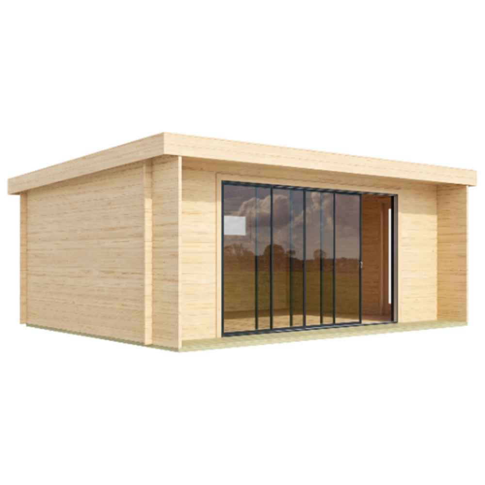 Angled view of the GardenHouse24 USA ALU Concept 70I Garden Room showcases the clean modern lines and floor-to-ceiling windows