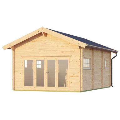 Angled view of the GardenHouse24 USA Astrid 70 Garden Room highlights its glass-paneled double doors and side windows under a black roof