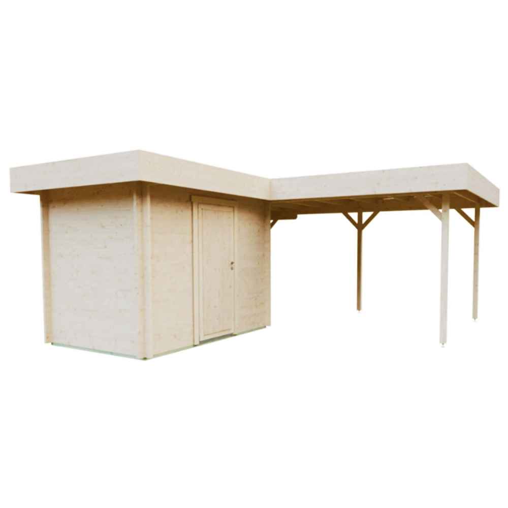 Angled view of the GardenHouse24 USA Carport Kampen 44 Garden Room showing both the side door and open carport structure