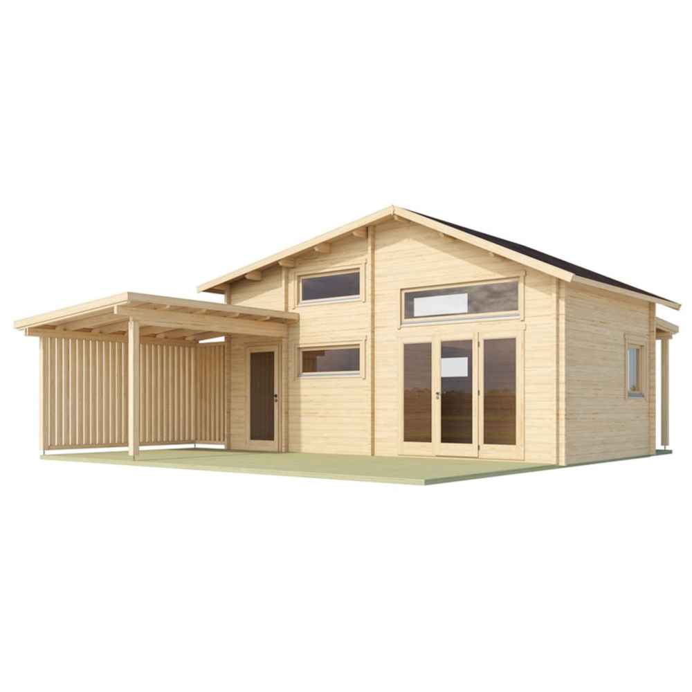 Angled view of the GardenHouse24 USA Montreal 70 Garden Room, showing the front porch, tall glass doors, and modern cabin design