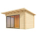 Angled view of the GardenHouse24 USA Starla 44A ALU Garden Room shows the opposite glass wall with clean lines and minimalist design