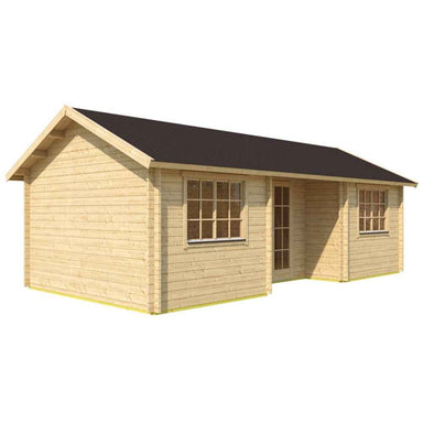 Angled view of the GardenHouse24 USA Wallis 44 Garden Room shows its clean wooden finish and symmetrical window layout