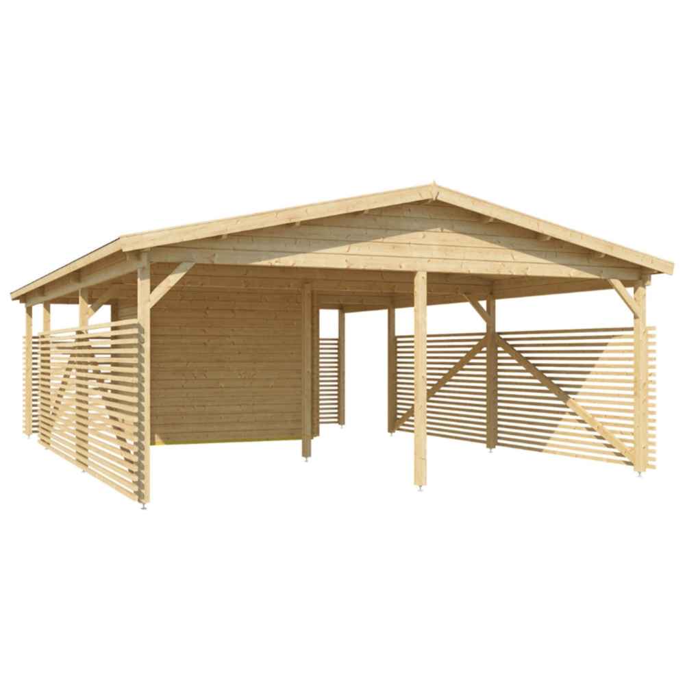 Angled view reveals the double carport space and garden room layout of the GardenHouse24 USA Carport Hugo 44 Garden Room, with modern open fencing