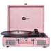 An open Arkrocket Curiosity Suitcase Bluetooth Turntable (Pale Pink) playing a vinyl record with the logo on the inner lid and built-in speakers on the front