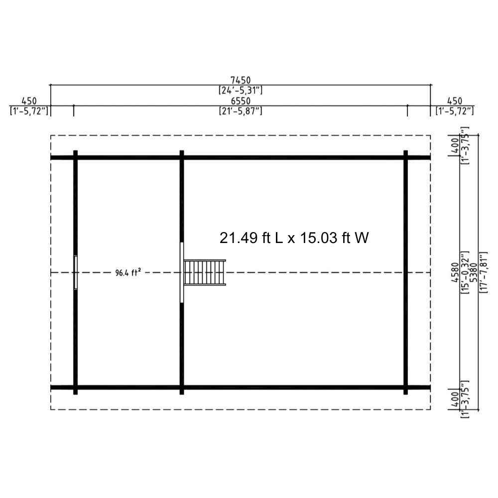 Another architectural layout of GardenHouse24 USA Sigrid 70 Garden Room highlights the upper floor with a staircase and spacious open rooms