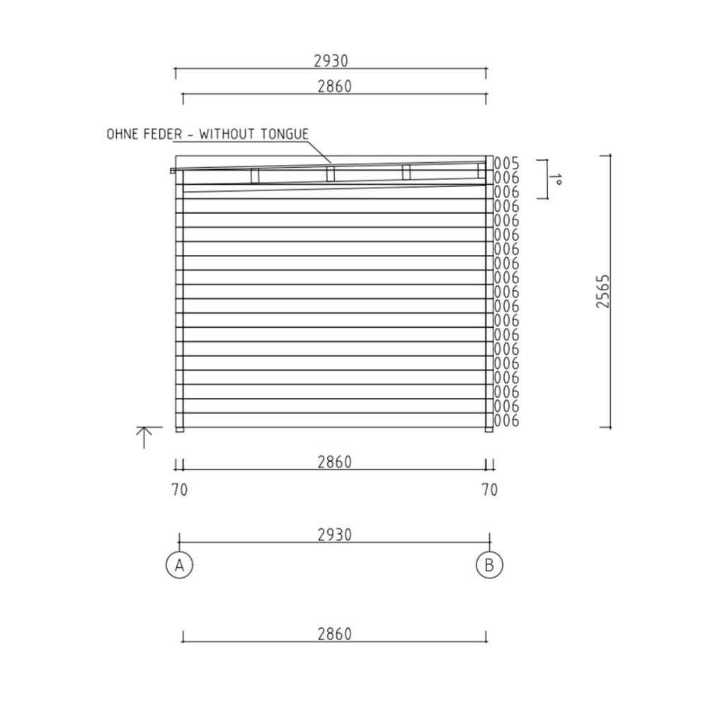 Another blueprint of the GardenHouse24 USA Q Bic ALU 70G Garden Room reveals the side elevation, including structure height and wall measurements