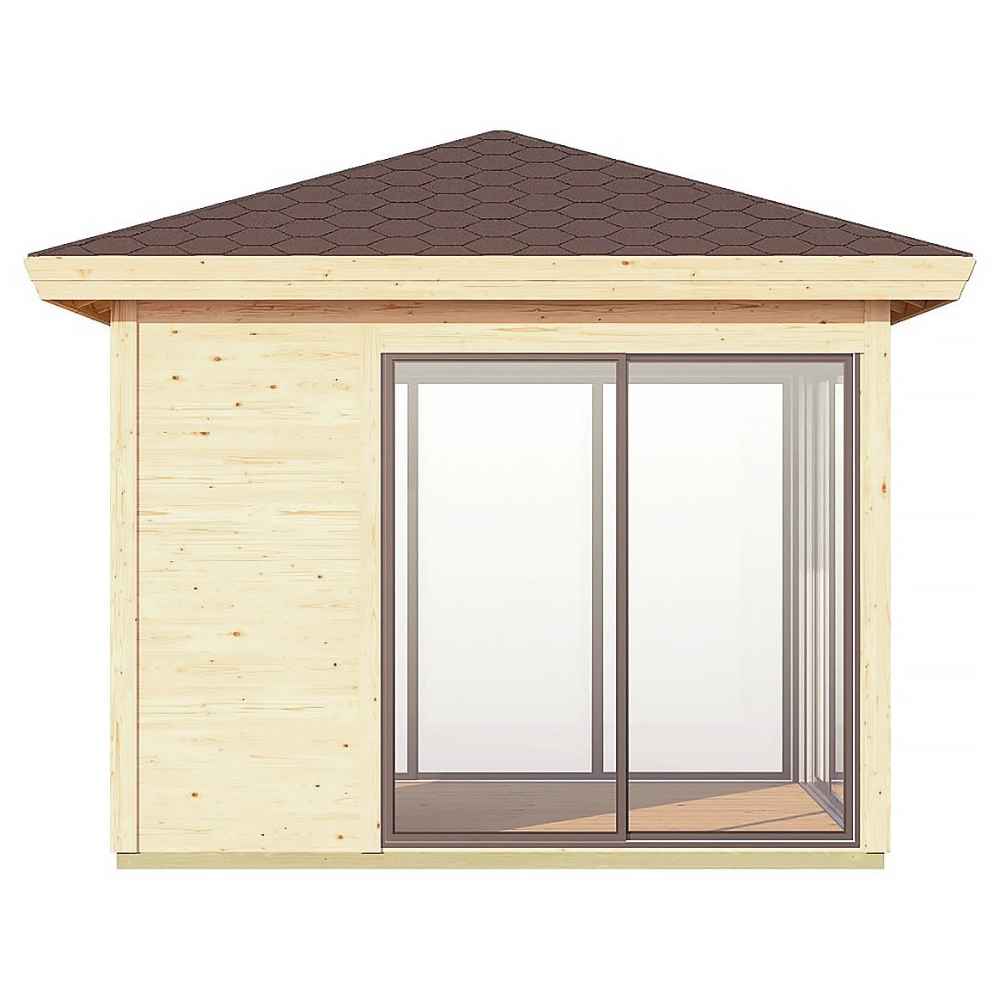 Another side view of the GardenHouse24 USA Glaspavillon ALU 44E ISO Garden Room reveals its minimalist wall design and large window