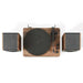 Another top view of the Crosley Nocturne Record Player With Speakers - Charcoal emphasizes the platter, tonearm, and control knobs with the lid open