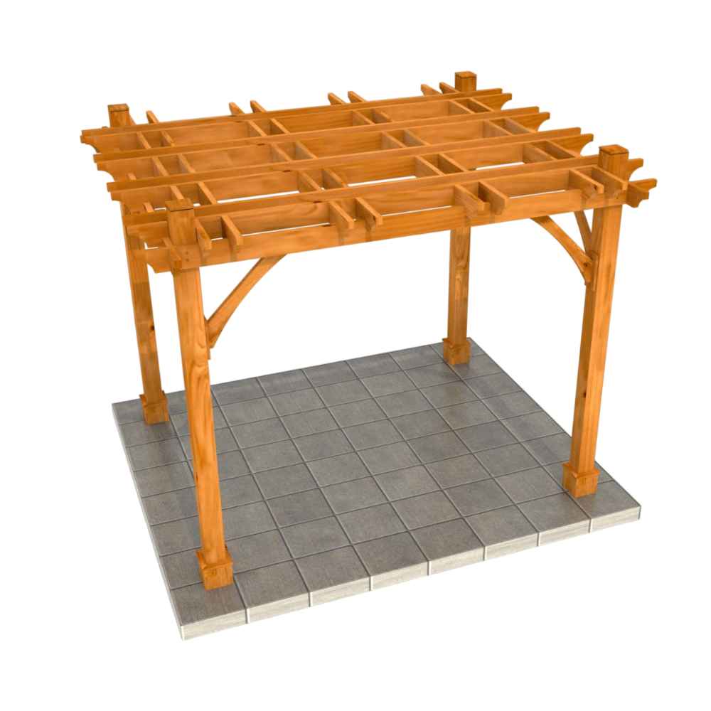 An overhead angled view of the 8 x 10 Outdoor Living Today Western Red Cedar Pergola & Canopy displays the wooden pergola without the canopy installed