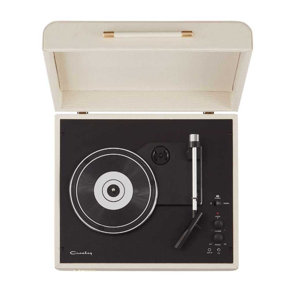 An overhead view of the Crosley Mercury Portable Turntable - Cream Croc displays the turntable with a minimalist black control panel and cream croc lid open