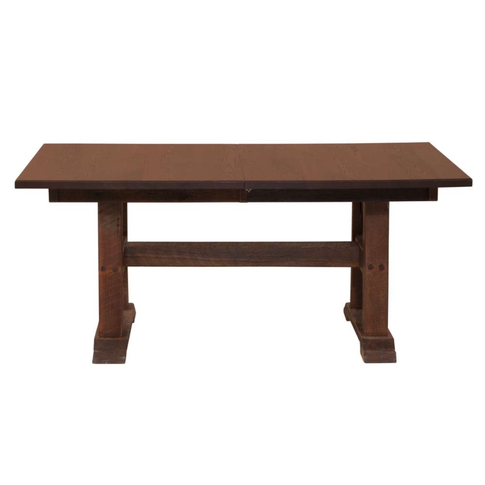 Antique Oak Top Fireside Lodge Barnwood Extension Dining Table fully closed displaying a solid rectangular wooden top supported by two thick rustic legs