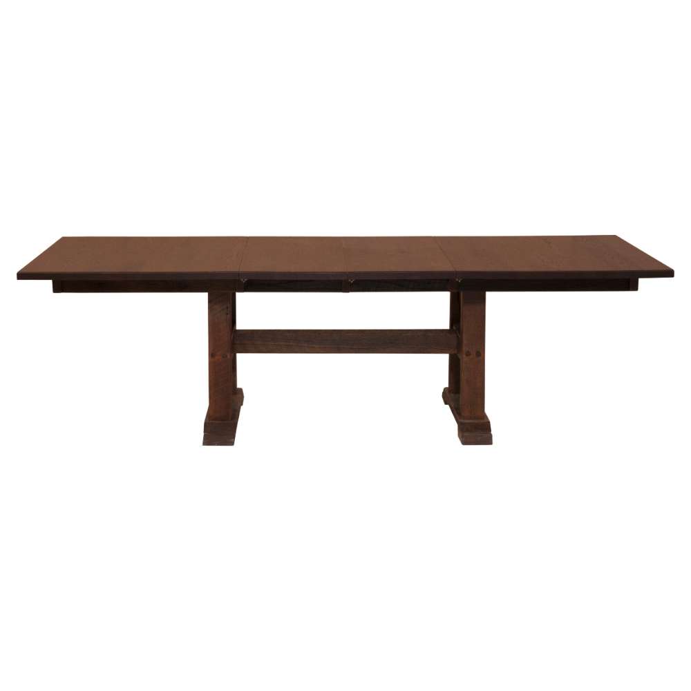 Antique Oak Top Fireside Lodge Barnwood Extension Dining Table fully extended with an added center leaf making the top longer