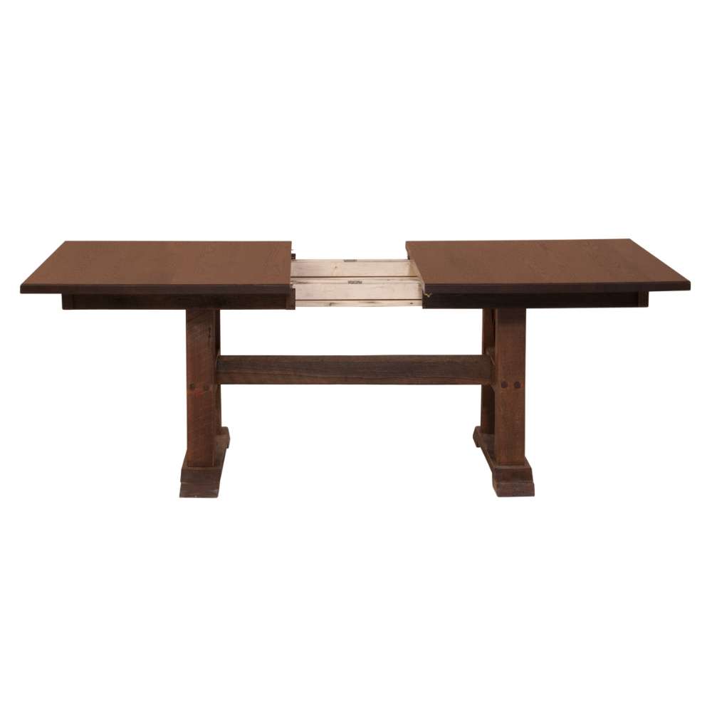 Antique Oak Top Fireside Lodge Barnwood Extension Dining Table partially opened with the two ends pulled apart and the center ready for a leaf