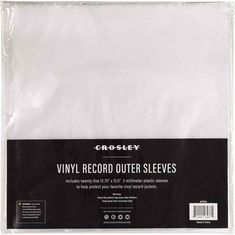 A pack of Crosley Vinyl Record Outer Sleeves labeled as 3mm thick plastic covers