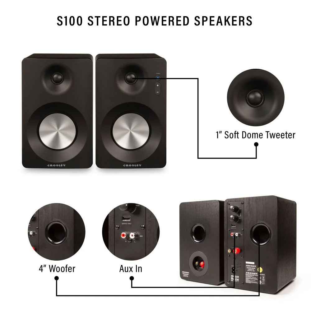 A pair of Crosley S100 Bluetooth Enabled Powered Speakers showcasing a soft dome tweeter, a woofer, and rear input connections