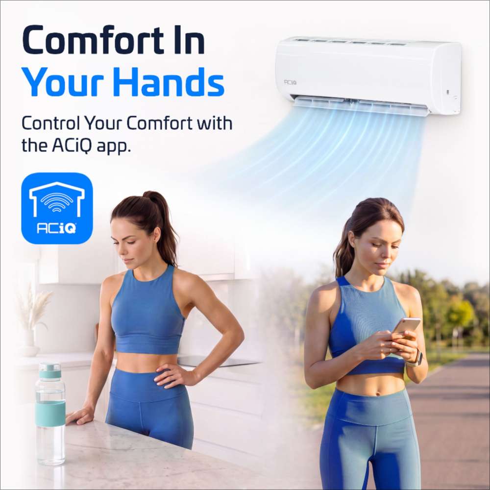 App control graphic for ACiQ 18000 BTU Essentials 17 SEER2 Single Zone Wall Mount Mini Split Heat Pump System shows a woman holding a smartphone as air flows from the indoor wall unit