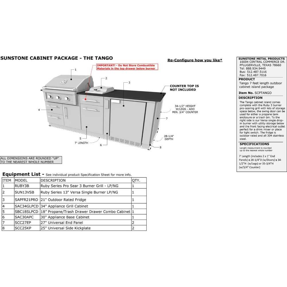 A product diagram of the Sunstone Tango 7ft Outdoor Grill & Cabinet Island Package, listing detailed dimensions, components, and included equipment