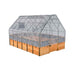 A product image displays the Outdoor Living Today 8×12 Raised Garden Bed fully enclosed with a clear greenhouse cover for plant protection