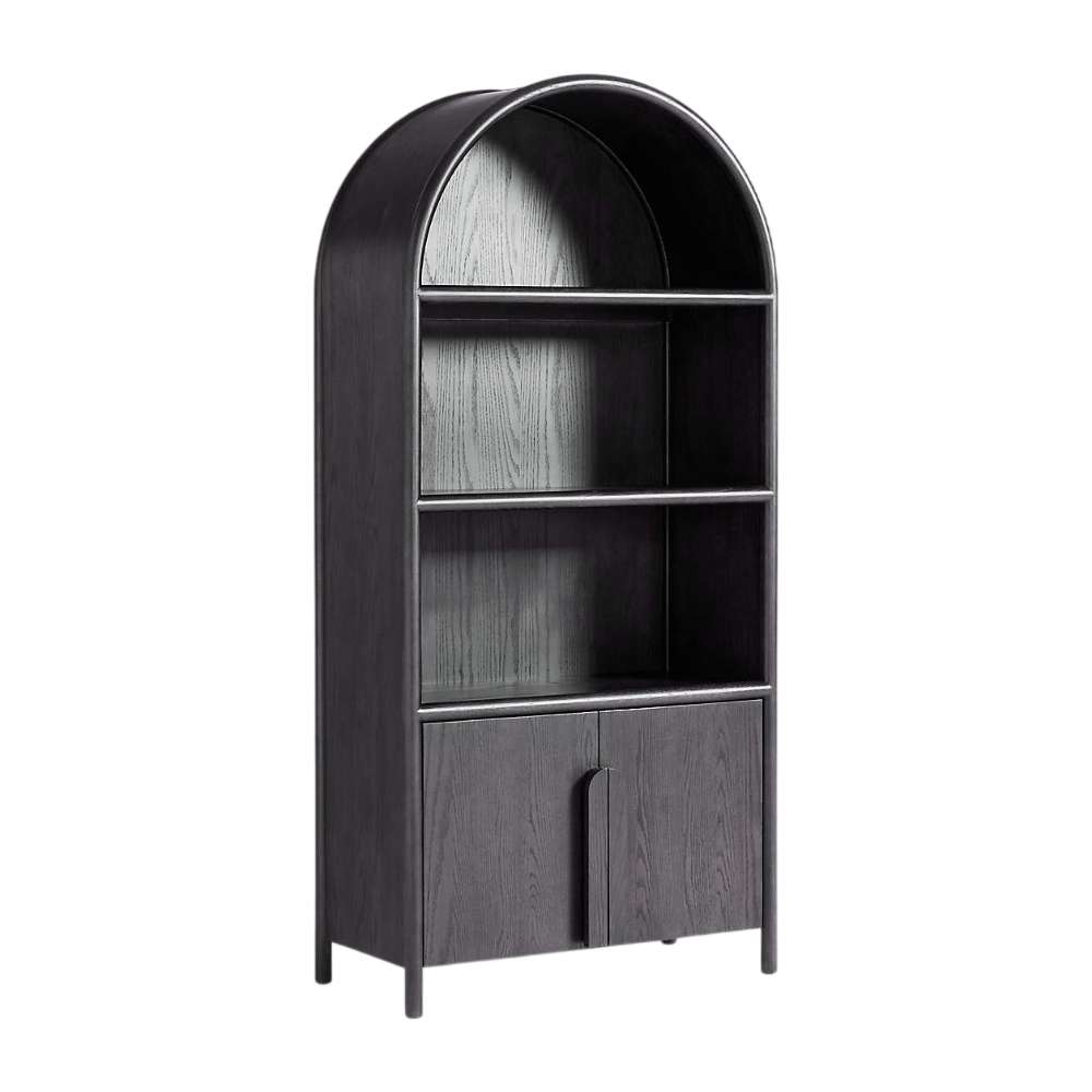 Arched Crate & Barrel Annie 38" Charcoal Brown Wood Storage Bookcase with Shelves featuring open shelves and a double-door storage cabinet