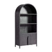 Arched Crate & Barrel Annie 38" Charcoal Brown Wood Storage Bookcase with Shelves featuring open shelves and a double-door storage cabinet
