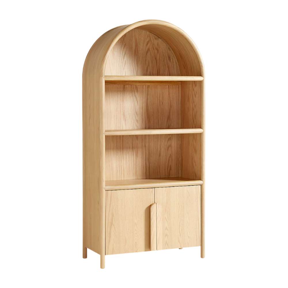Arched Crate & Barrel Annie 38" Natural Wood Storage Bookcase with Shelves featuring open shelves and a double-door storage cabinet