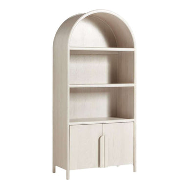 Arched Crate & Barrel Annie 38" Whitewashed Wood Storage Bookcase with Shelves featuring two display shelves and a double-door cabinet