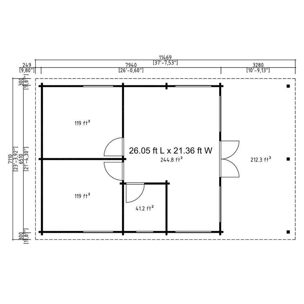Architectural blueprint of GardenHouse24 USA Hedland 70 Garden Room shows the space divided into four main areas with square footage in feet
