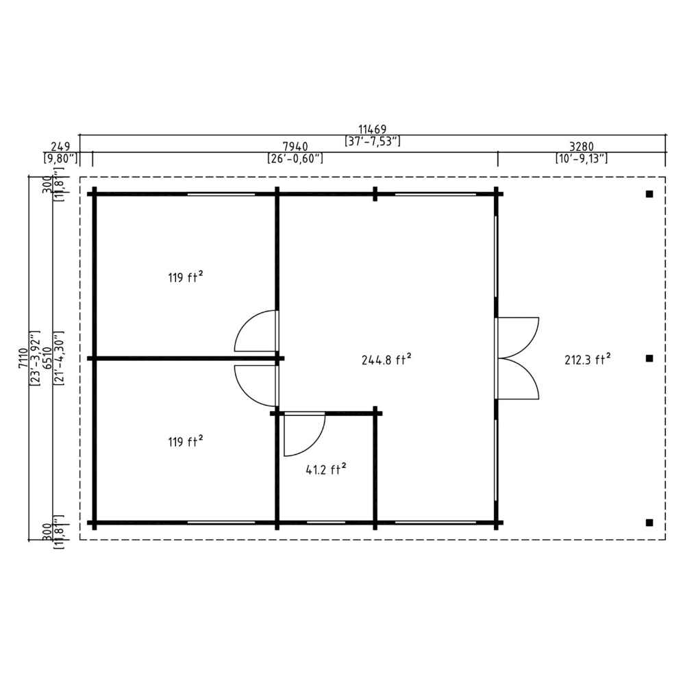 Architectural blueprint of the GardenHouse24 USA Hedland 70 Garden Room shows the space divided into four main areas with exact square footage in feet