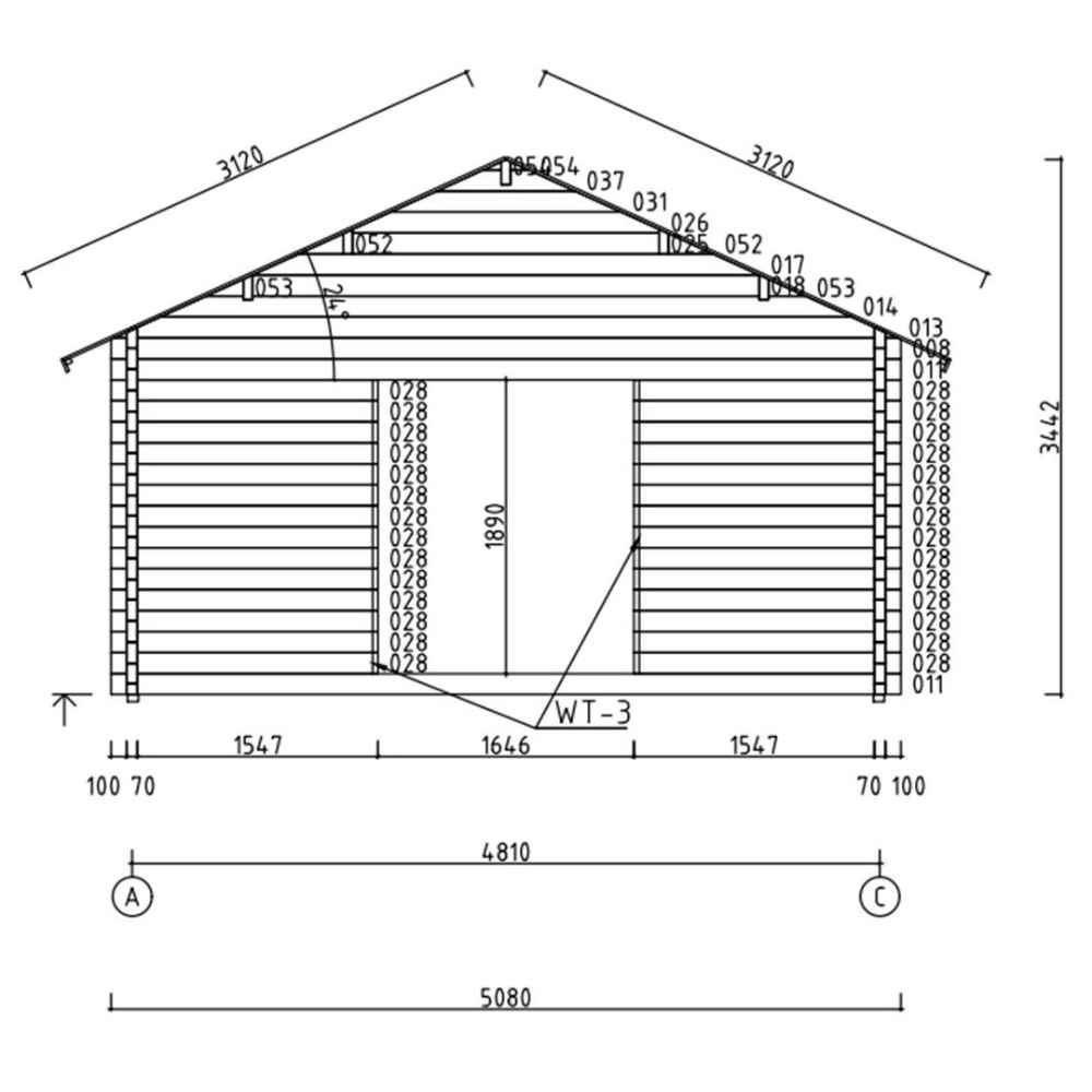 Architectural diagram of the GardenHouse24 USA Melanie 70 Garden Room displays precise front elevation measurements, showing the cabin’s detailed dimensions