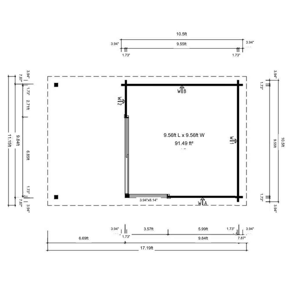 Architectural floor plan outlines the dimensions and layout of GardenHouse24 USA ALU Concept 70F Garden Room showing door and window placement