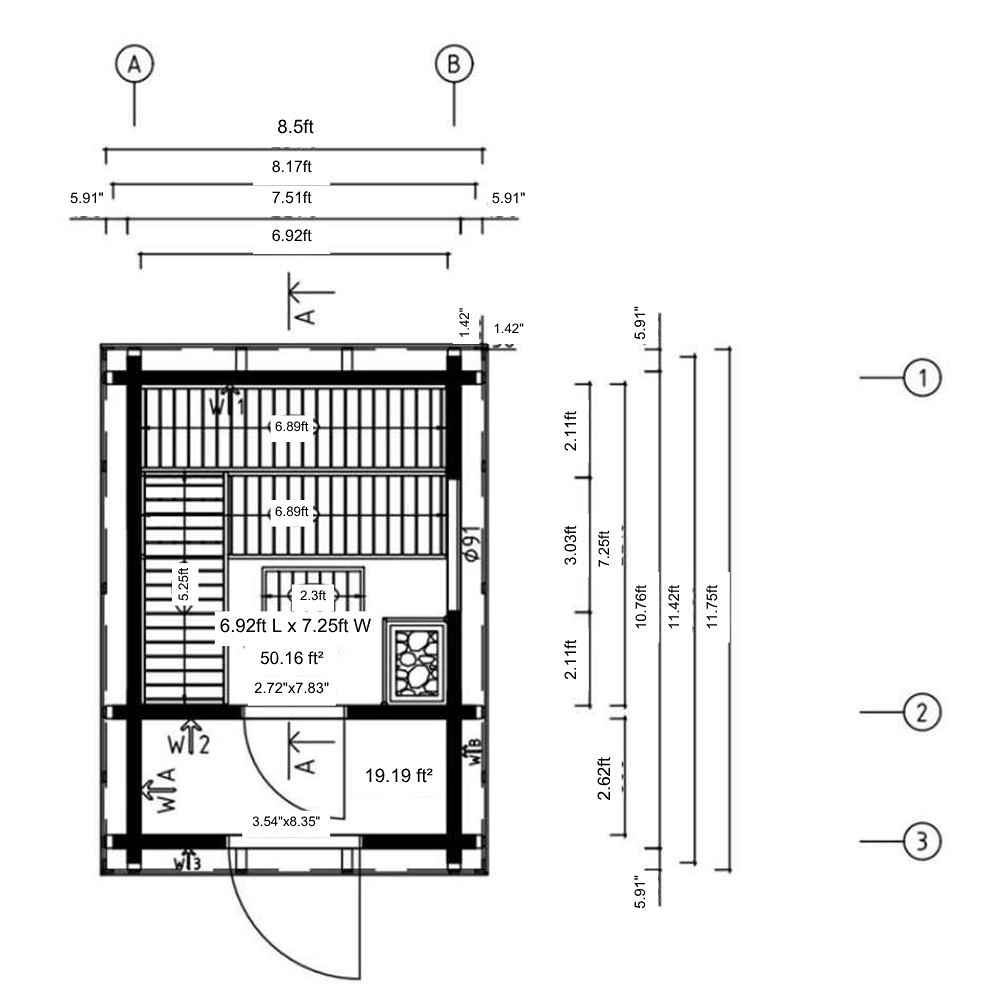 Architectural floor plan showing interior dimensions and layout of GardenHouse24 USA Sauna Tuuli 90 Garden Room