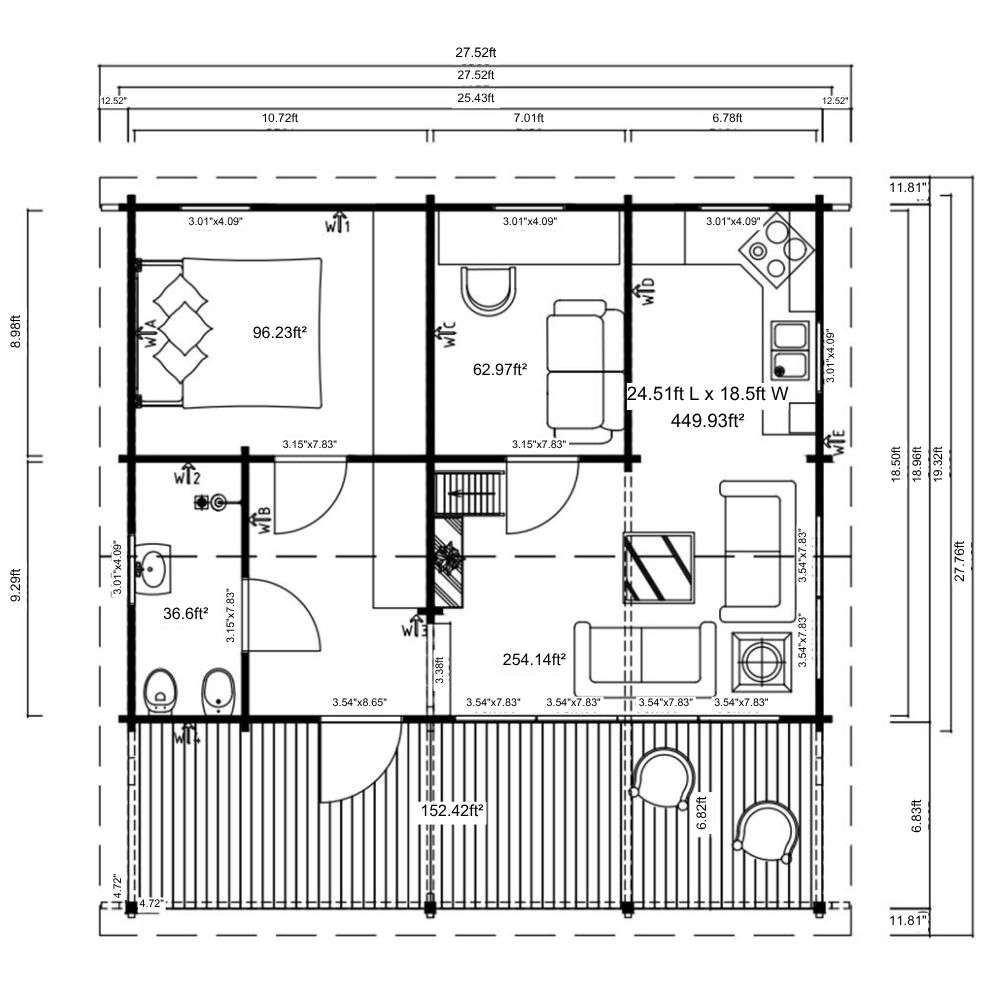 Architectural layout of GardenHouse24 USA Mikka 70B Garden Room showing a bedroom, bathroom, living area, kitchen, and covered porch